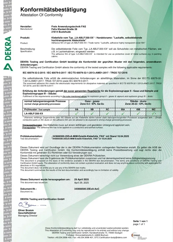 Leitfähige Abdeckfolie, ATEX Zertifiziert ATEX-Zertifikat